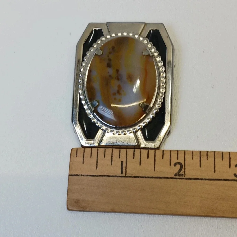 Vintage Western Agate Belt Buckle Silver Tone Black Enamel Rectangular Mens